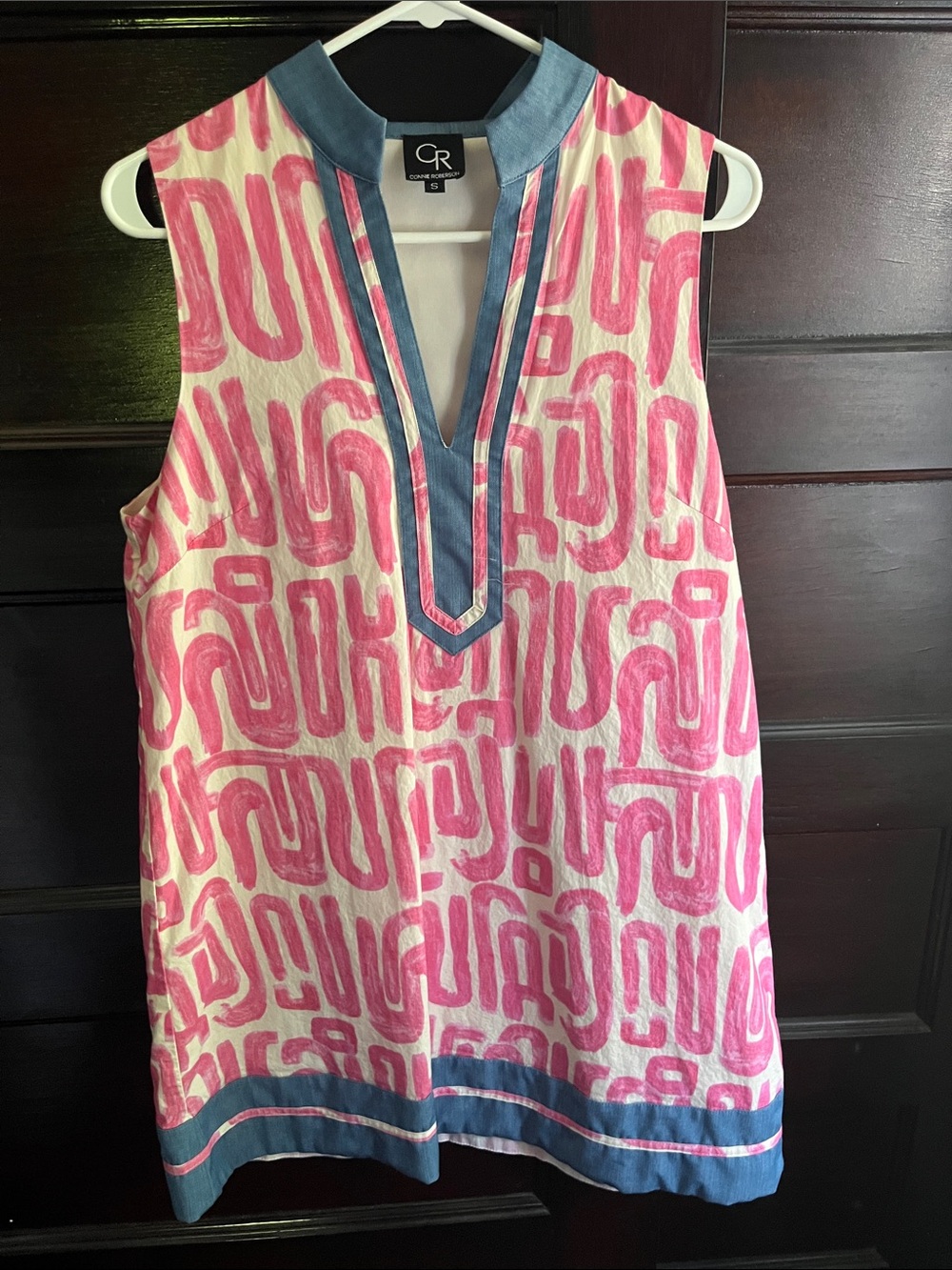 CR Women’s Pink Printed Sleeveless Shift Dress with Blue Trim